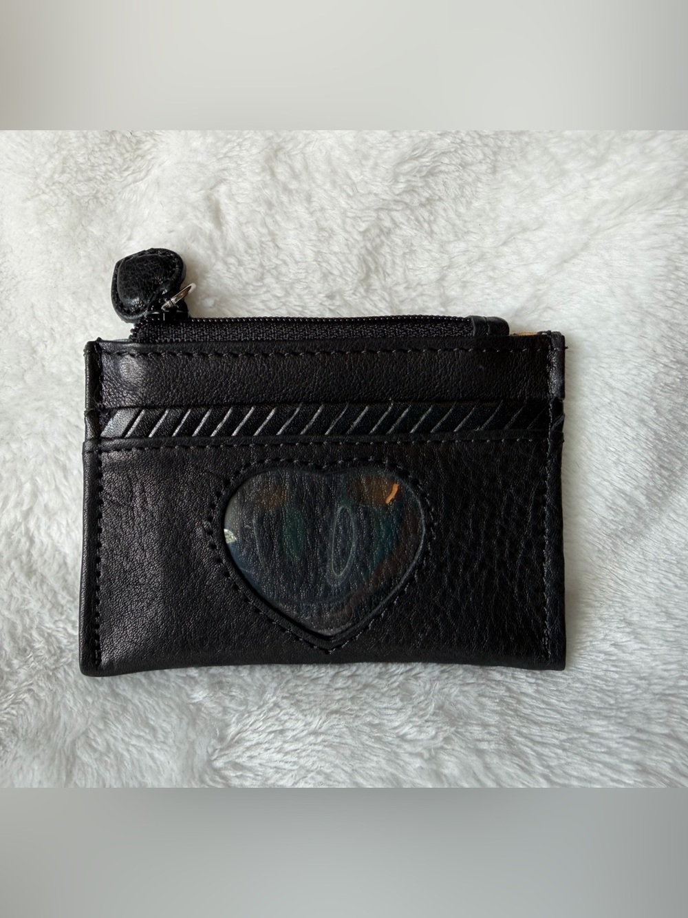 Black leather Brighton card case mini wallet clear heart-shaped ID zip